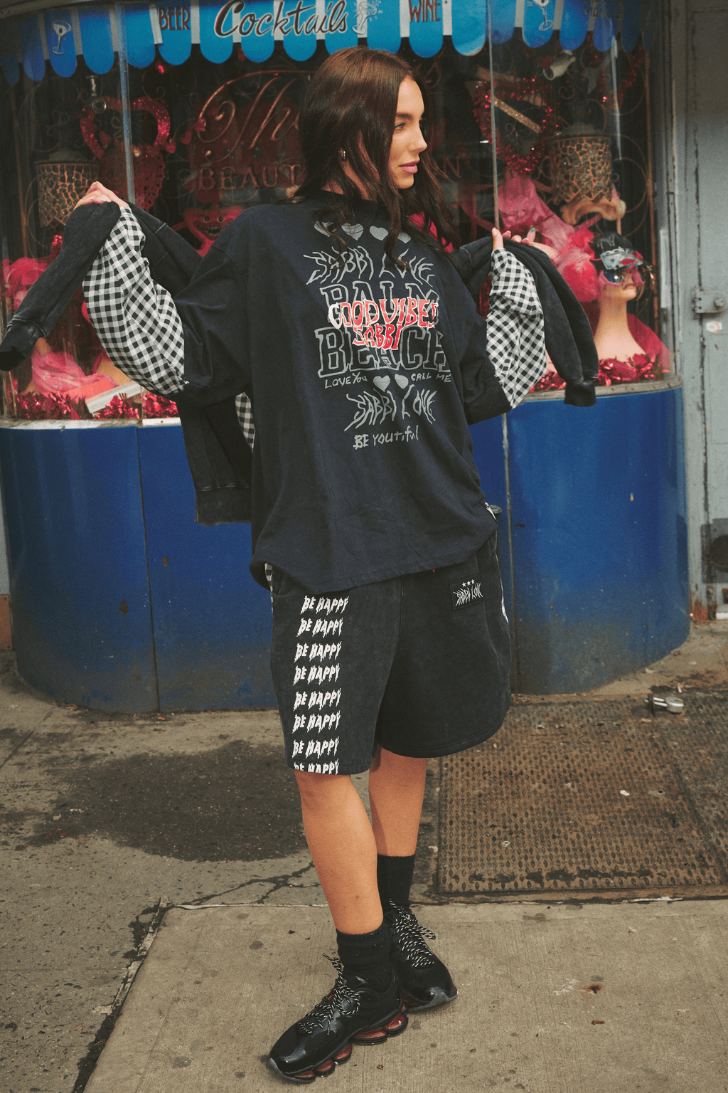 THE BE HAPPY GINGHAM LONG SLEEVE TEE