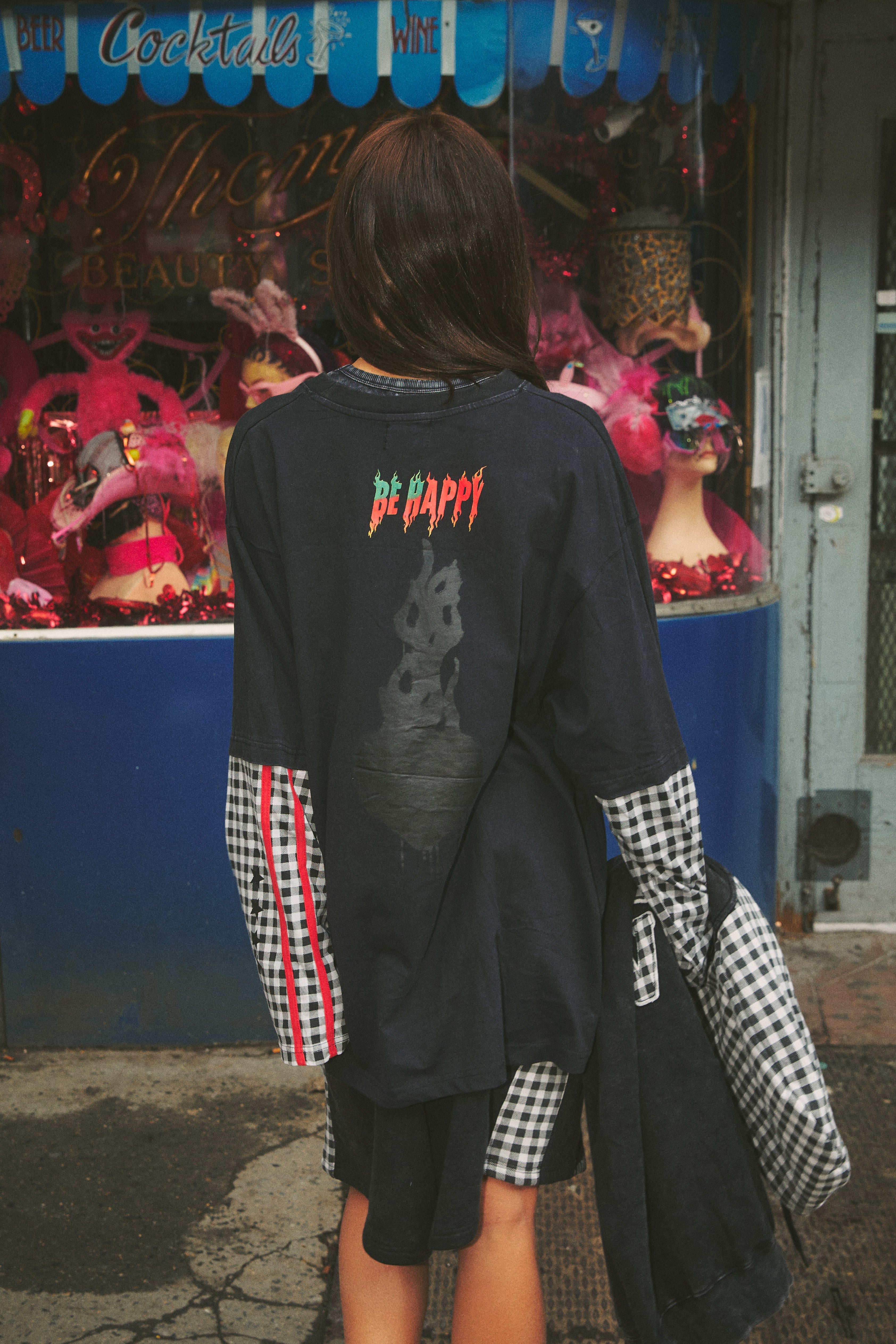 THE BE HAPPY GINGHAM LONG SLEEVE TEE